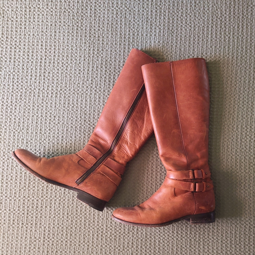 Women's Tan Leather Knee-High Boots, Frye Christie, Cognac, Size 8